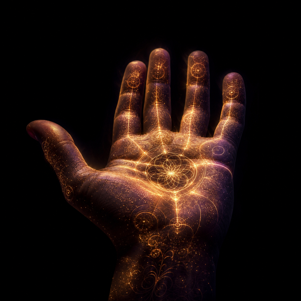 A mystical glowing palm with golden sacred geometry patterns